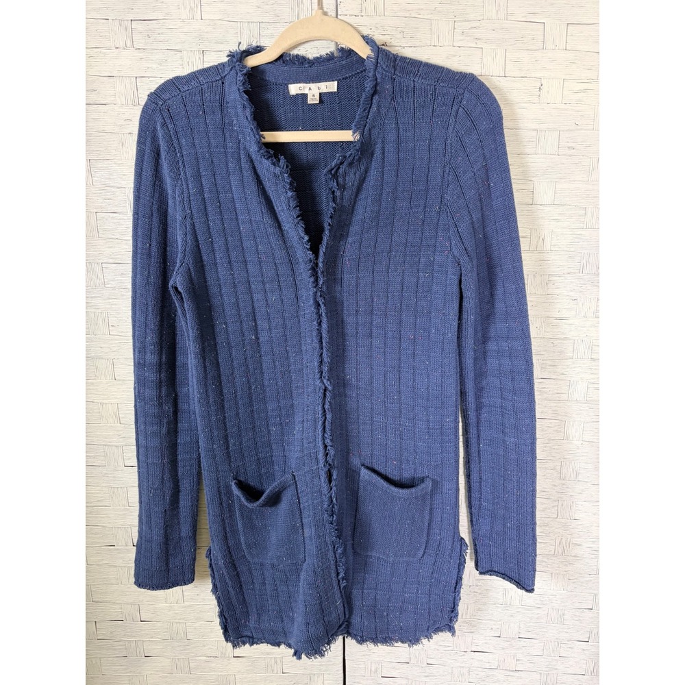 Cabi Womens Cardigan Navy Ribbed Cotton Frayed Trim Hook Eye Pockets 181